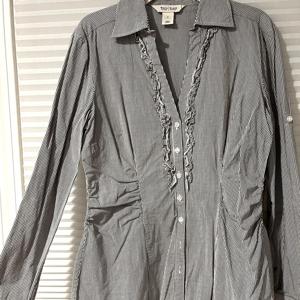 WHBM Fitted gray and white pinstripe blouse with flattering ruffles